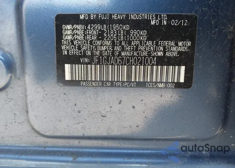 2012 Subaru Impreza 2.0I Premium из США, поврежденный, VIN JF1GJAD67CH021004